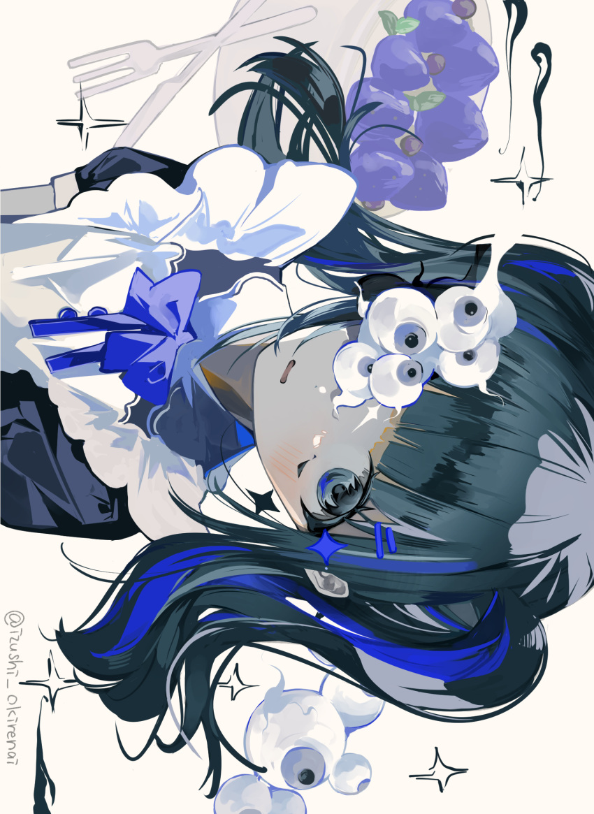 1girl apron black_eyes black_hair black_shirt blue_bow blue_bowtie blue_flower blue_hair blunt_bangs blush bow bowtie dot_nose eyeball flower fork highres knife long_hair looking_at_viewer maid multicolored_hair one_eye_covered original plate portrait rectangular_mouth shirt short_twintails sideways simple_background solo toasu twintails twitter_username two-tone_hair watermark white_apron white_background