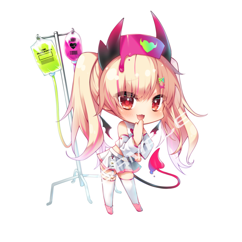 1girl :3 amatsuji bare_shoulders belt blonde_hair blush chibi commentary_request commission demon_girl demon_horns demon_tail demon_wings detached_sleeves eyelashes eyes_visible_through_hair fang hair_between_eyes hair_ornament hairclip half_updo halloween hand_on_own_hip hand_to_own_mouth hand_up hat heart heart_o-ring highres horns indie_virtual_youtuber intravenous_drip long_sleeves looking_at_viewer miniskirt nurse nurse_cap open_mouth original pink_footwear pleated_skirt red_eyes ruruhara_ruruka sample_watermark simple_background skin_fang skirt smile solo swept_bangs tail thigh-highs thigh_strap twintails virtual_youtuber white_background white_belt white_skirt white_sleeves white_thighhighs wide_sleeves wings x_hair_ornament zettai_ryouiki