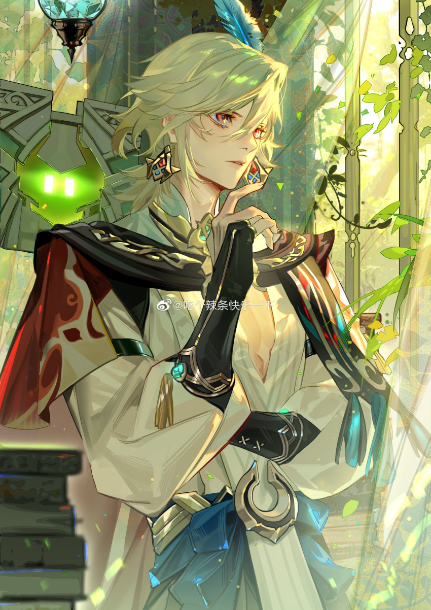 1boy absurdres black_gloves blonde_hair blue_feathers book book_stack cape closed_mouth earrings feather_hair_ornament feathers genshin_impact gloves gold_earrings gold_trim greeny_(maindo) hair_ornament highres indoors jewelry kaveh_(genshin_impact) leaf long_hair long_sleeves looking_to_the_side male_focus mandarin_collar parted_lips pectoral_cleavage pectorals red_cape red_eyes shirt shoulder_cape suitcase white_shirt