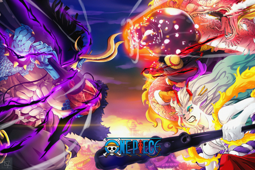 1girl 3boys abs absurdres black_hair building city clenched_hand clenched_teeth club_(weapon) dragon father_and_daughter fighting hat hat_removed headwear_removed highres holding holding_weapon horns japanese_clothes kaidou_(one_piece) kanabou logo long_hair louie_henson mace midriff momonosuke_(one_piece) monkey_d._luffy multicolored_hair multiple_boys muscular one_piece oni_horns open_mouth scar short_hair signature straw_hat streaked_hair teeth weapon yamato_(one_piece)