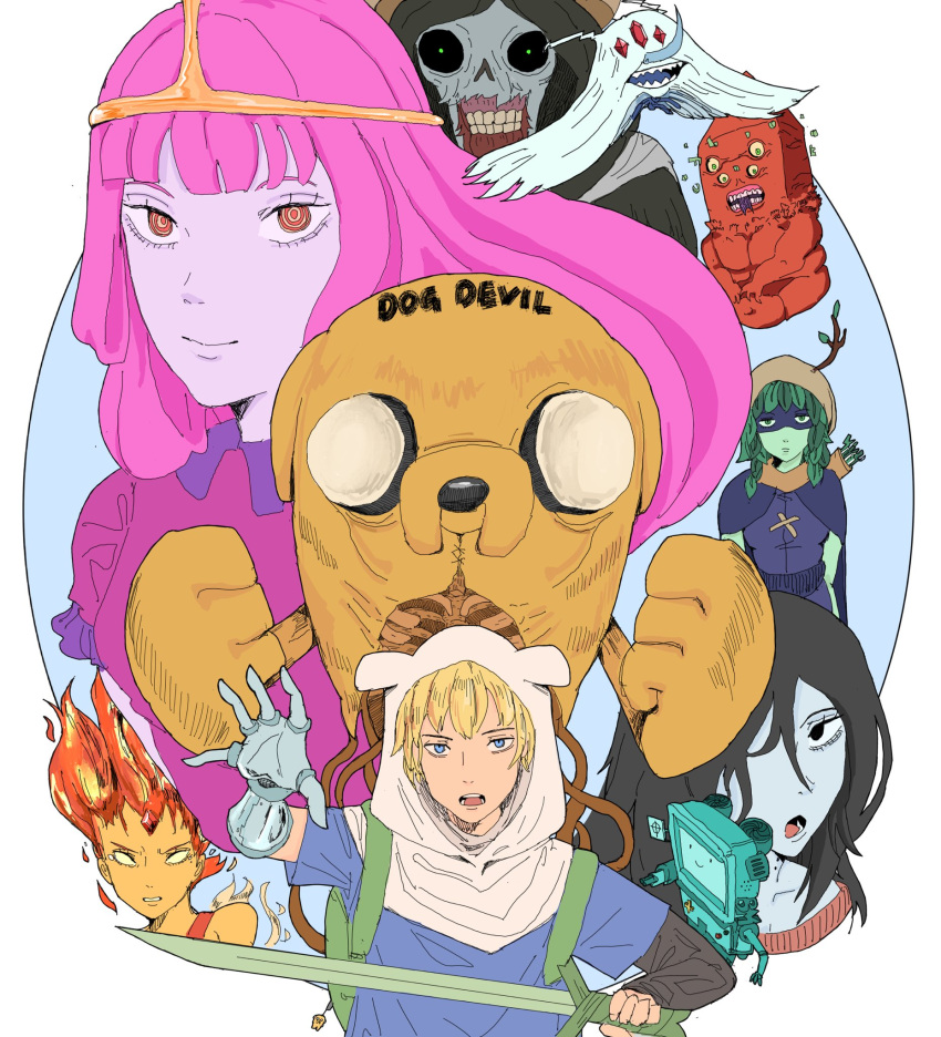 4girls adventure_time animal_hood animification antlers arrow_(projectile) black_eyes black_hair blonde_hair blue_eyes blue_shirt blunt_bangs bmo chainsaw_man circlet clenched_hand colored_skin commentary english_commentary fiery_hair finn_the_human flame_princess forehead_jewel fujimoto_tatsuki_(style) game_console green_hair grey_skin hair_over_one_eye highres holding holding_sword holding_weapon hood huntress_wizard jake_the_dog kiramoto5 long_hair looking_at_viewer marceline_abadeer mask mechanical_arms multiple_girls orange_eyes orange_skin parody pink_hair pink_skin princess_bonnibel_bubblegum quiver ringed_eyes shirt smile style_parody sword vampire very_long_hair weapon white_background white_hood