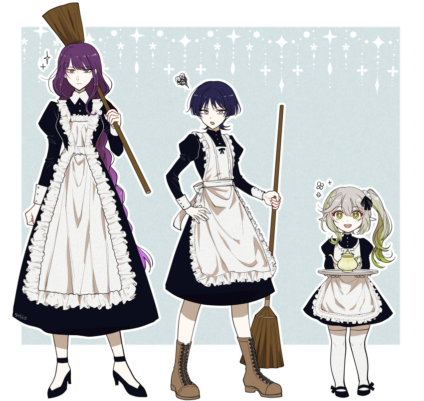 1boy 2girls absurdres alternate_costume apron artist_name back_bow black_bow black_dress black_footwear blue_background blue_hair blunt_ends blush border bow braid breasts broom brown_footwear buttons closed_mouth collared_dress cross-shaped_pupils crossdressing dark_blue_hair dress frills full_body genshin_impact green_eyes green_hair grey_hair hair_bow hand_on_own_hip hand_up high_heels highres holding holding_broom holding_tray juliet_sleeves kettle long_hair long_sleeves looking_at_viewer looking_to_the_side maid maid_headdress medium_breasts mole mole_under_eye multiple_girls nahida_(genshin_impact) no_headwear open_mouth outside_border pillosopi pointy_ears ponytail puffy_sleeves purple_hair raiden_shogun scaramouche_(genshin_impact) shoes short_hair side_ponytail simple_background smile socks sparkle standing symbol-shaped_pupils teeth thigh-highs tray violet_eyes white_apron white_border white_bow white_socks white_thighhighs