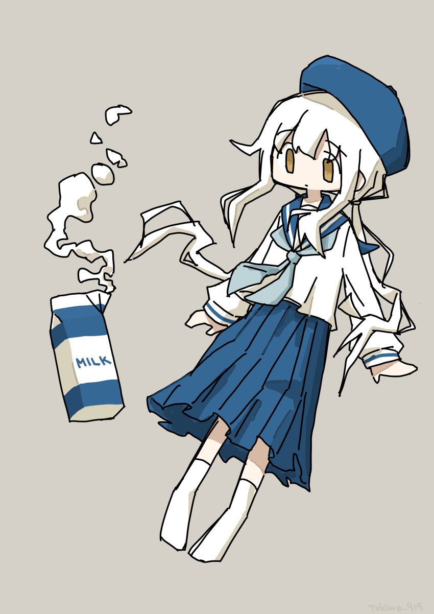 absurdres ankle_socks beret blue_neckerchief blue_sailor_collar blue_skirt english_text grey_background hat highres long_hair long_skirt long_sleeves milk milk_carton neckerchief original personification puffy_long_sleeves puffy_sleeves sailor_collar school_uniform serafuku simple_background skirt socks spilling tokiwa_(914) white_hair yellow_eyes