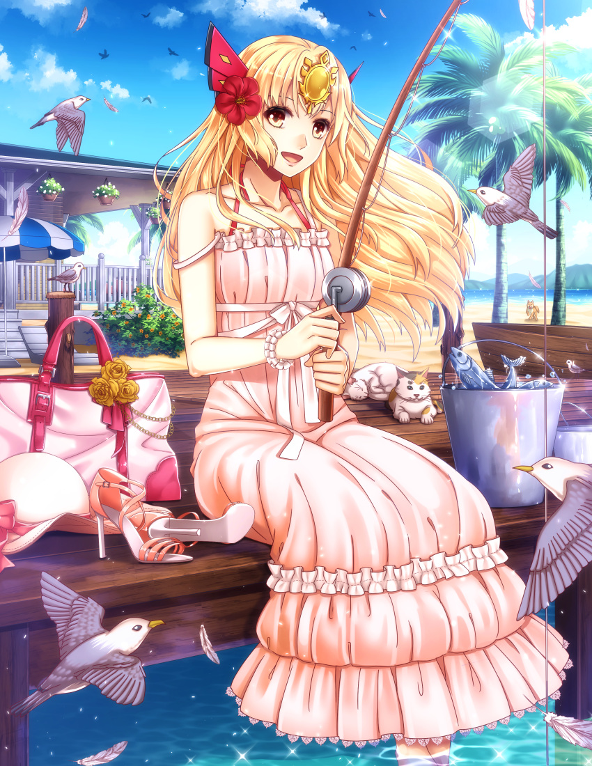 1girl absurdres bird blonde_hair blue_sky blush breasts bush cat clouds commentary dock dog dress english_commentary feathers flower frilled_dress frills full_body hair_flower hair_ornament hanging_plant hat hat_removed headwear_removed high_heels highres long_dress long_hair looking_at_viewer open_mouth original outdoors palm_tree pink_dress pink_headwear red_flower riabels rina_(kaminari-games) seagull shoes shoes_removed sitting sky sleeveless sleeveless_dress small_breasts smile soaking_feet solo sparkle sun_hat tree water white_footwear yellow_eyes