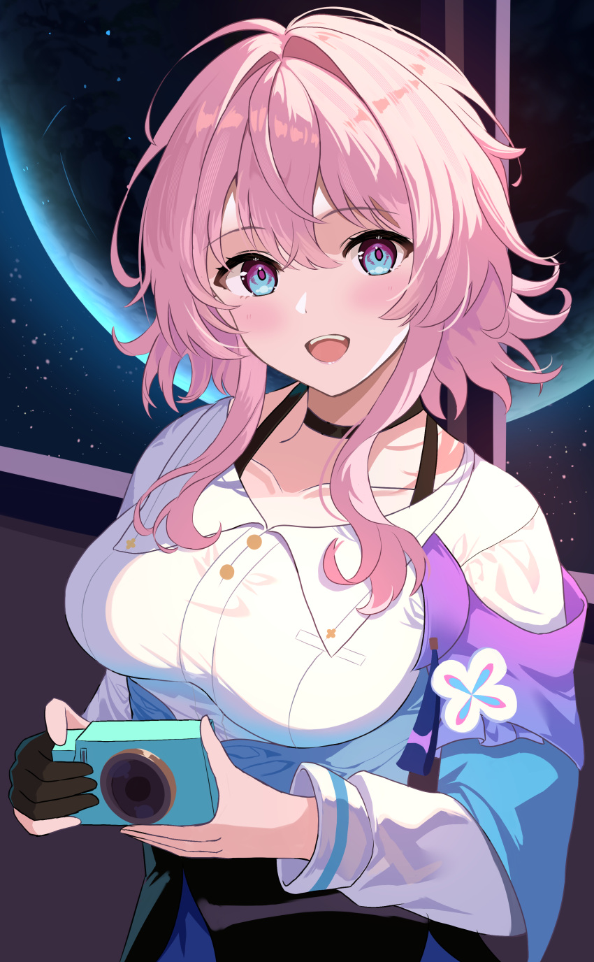 1girl absurdres archery_shooting_glove black_choker blue_eyes camera choker highres holding holding_camera honkai:_star_rail honkai_(series) jacket long_hair long_sleeves looking_at_viewer march_7th_(honkai:_star_rail) open_mouth pink_hair planet rererere_mon sidelocks smile solo star_(sky) teeth two-tone_eyes upper_body upper_teeth_only violet_eyes white_jacket