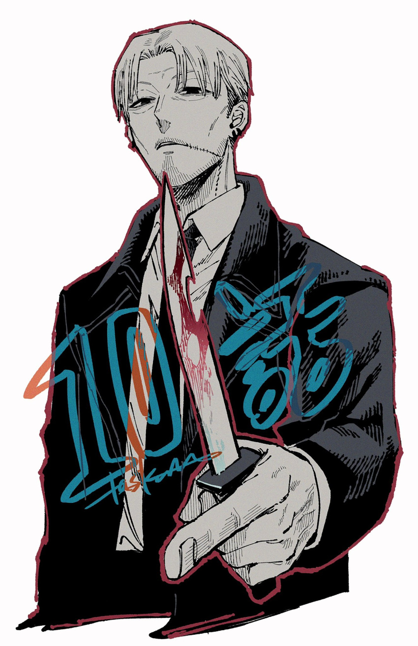 1boy black_necktie blood blood_on_knife chainsaw_man collared_shirt facial_hair formal highres holding holding_knife kishibe_(chainsaw_man) knife looking_at_viewer necktie partially_colored pointing pointing_at_viewer shirt short_hair simple_background solo stitched_mouth stitches stubble suit tsuke_(task) white_background white_shirt