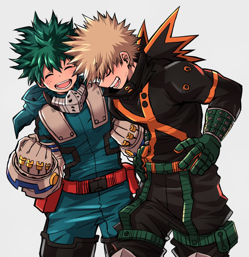 2boys ^_^ aqua_bodysuit baggy_pants bakugou_katsuki belt belt_pouch black_pants blonde_hair blush boku_no_hero_academia chiyaya clenched_hands closed_eyes cowboy_shot eyebrows_hidden_by_hair freckles from_side gloves green_gloves green_hair grey_background grey_gloves hair_between_eyes hands_on_own_hips hands_up happy head_down headgear highres knee_pads laughing leaning_forward leaning_to_the_side male_focus midoriya_izuku multiple_boys open_mouth orange_gloves pants pouch profile red_belt round_teeth short_hair simple_background single_horizontal_stripe smile snap-fit_buckle spiky_hair teeth two-tone_gloves utility_belt wrist_guards x