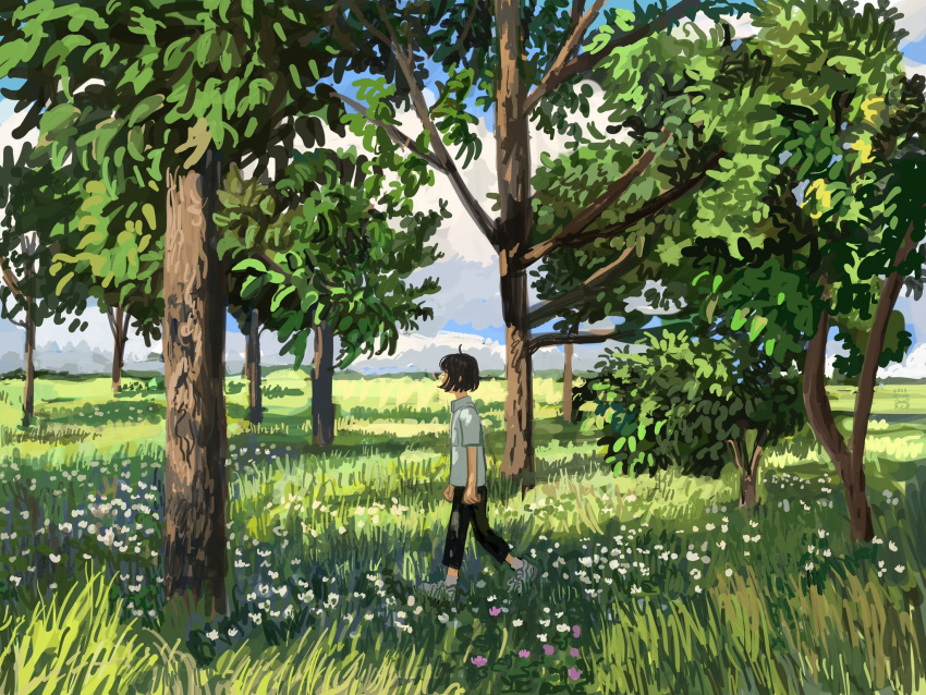 1girl black_hair black_pants blue_sky clouds cloudy_sky commentary english_commentary flower grass grasslands highres horizon looking_away medium_hair minahamu original outdoors painting_(medium) pants plant scenery shirt sky solo sunlight traditional_media white_flower white_footwear white_shirt