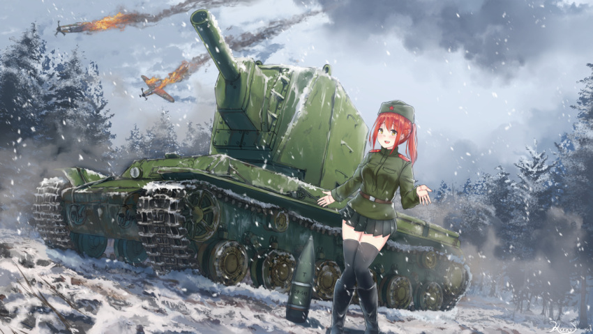 1girl adapted_uniform belt bf_109 blush boots clouds cloudy_sky epaulettes fire forest garrison_cap hat karo-chan knees_together_feet_apart kv-2 long_hair military military_uniform military_vehicle motor_vehicle nature open_mouth original outdoors pleated_skirt ponytial redhead signature skirt sky smile snow snowing soldier solo tank thigh-highs uniform war war_thunder world_war_ii