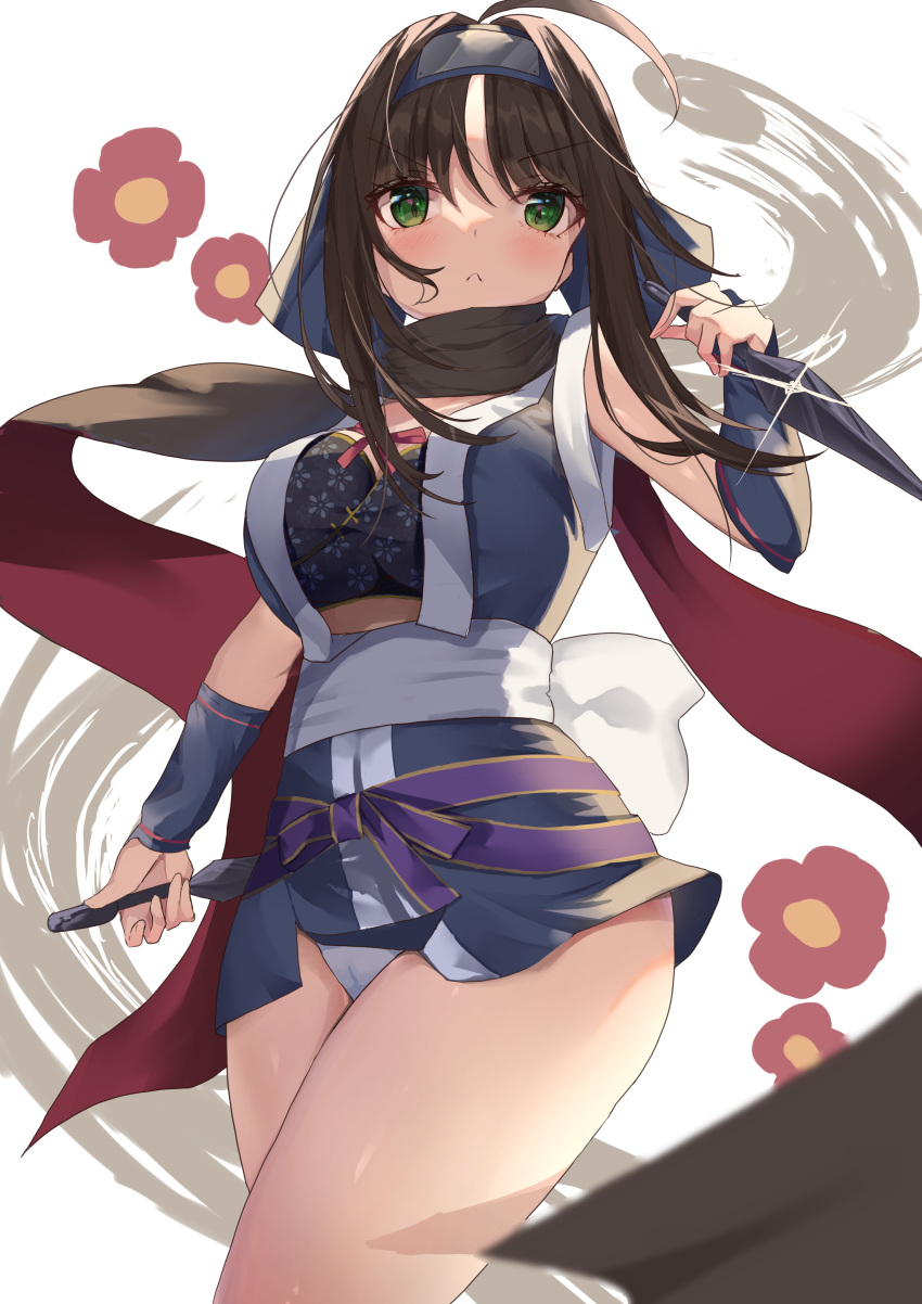 1girl :&lt; absurdres ahoge arm_at_side back_bow black_scarf blue_gloves blue_kimono blurry blush bow breasts closed_mouth commentary cowboy_shot curvy depth_of_field eyelashes eyes_visible_through_hair fighting_stance fingerless_gloves floral_print flower forehead_protector glint gloves hand_up highres hitachi_mako holding holding_weapon japanese_clothes kimono kunai large_breasts looking_at_viewer mugicho_(kdks5554) ninja panties panty_peek parted_bangs purple_ribbon red_flower red_scarf ribbon sash scarf senren_banka serious short_hair_with_long_locks short_kimono sidelocks simple_background solo standing thighs two-tone_scarf underwear v-shaped_eyebrows weapon white_background white_bow white_panties white_sash