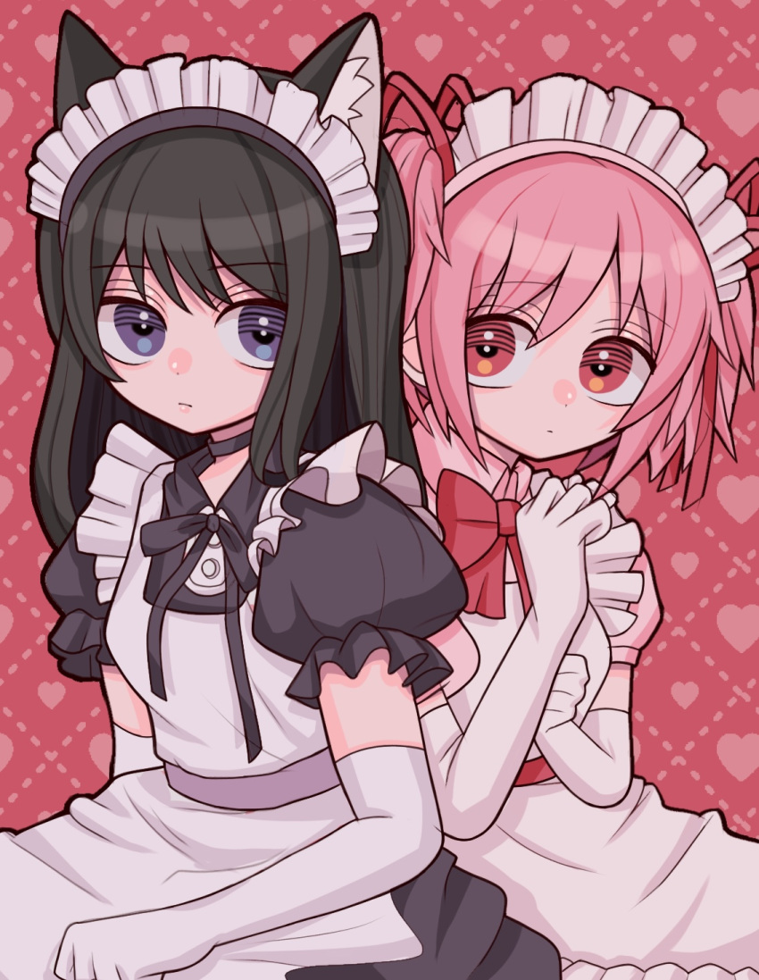 2girls akemi_homura alternate_costume animal_ears apron black_choker black_dress black_hair black_ribbon bow cat_ears choker dress elbow_gloves fake_animal_ears gloves hair_ribbon heart heart_background highres kaname_madoka keropiki long_hair looking_at_another mahou_shoujo_madoka_magica maid maid_apron maid_headdress multiple_girls pink_dress pink_eyes pink_hair puffy_short_sleeves puffy_sleeves red_bow ribbon short_hair short_sleeves short_twintails twintails violet_eyes white_gloves