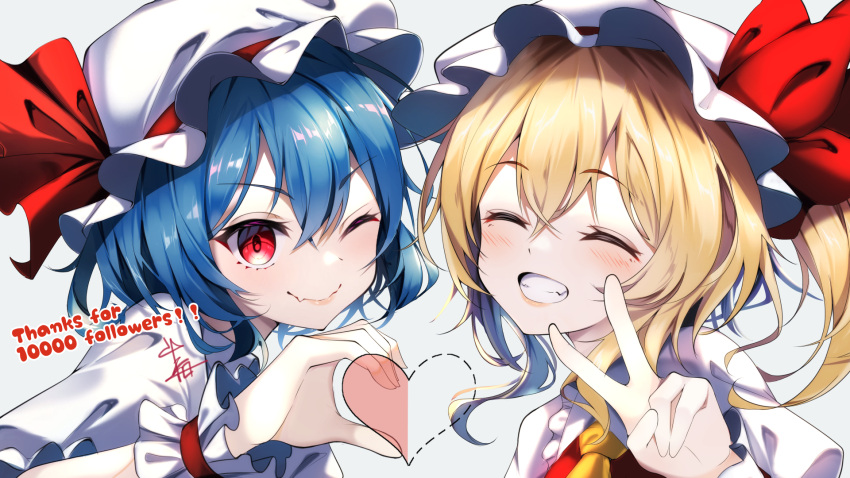 2girls ;) blonde_hair closed_eyes closed_mouth commentary_request crossed_bangs english_text fang flandre_scarlet hat hat_ribbon heart_hands_failure highres looking_at_viewer milestone_celebration mob_cap multiple_girls one_eye_closed one_side_up red_eyes red_ribbon remilia_scarlet ribbon short_hair short_sleeves siblings simple_background sisters skin_fang smile touhou upper_body v white_background white_headwear wrist_cuffs yamanakaume