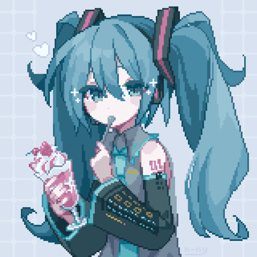 1girl bare_shoulders black_sleeves blue_eyes blue_necktie blush_stickers collared_shirt cup detached_sleeves glass grey_shirt hair_ornament hatsune_miku headphones headset highres holding holding_cup holding_spoon housuke_(flb66i2qnuqy63f) ice_cream_spoon long_hair looking_at_viewer microphone necktie parfait pixel_art shirt sidelocks solo sparkle spoon twintails very_long_hair vocaloid