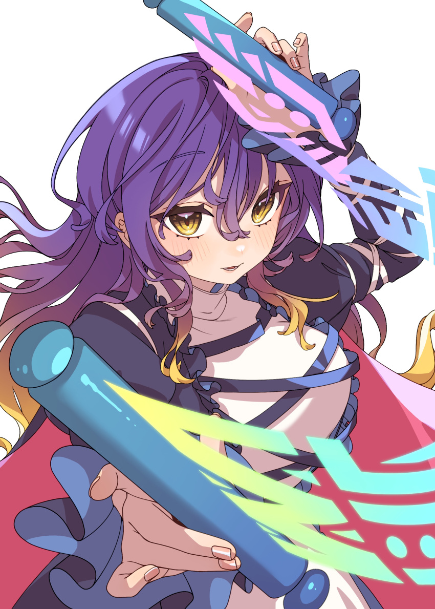 1girl absurdres blush dress e_sdss fingernails gradient_hair hair_between_eyes highres hijiri_byakuren holding holding_scroll layered_dress long_hair long_sleeves multicolored_hair open_mouth purple_hair scroll simple_background smile solo sorcerer's_sutra_scroll touhou upper_body white_background white_dress yellow_eyes