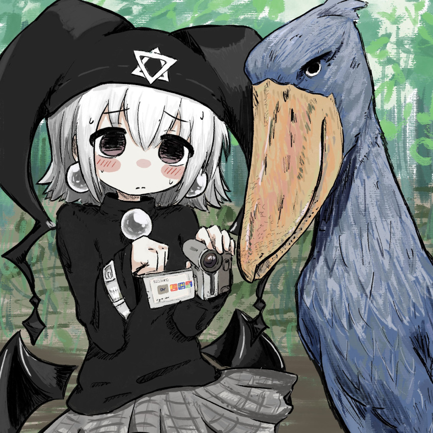 1girl beads bird black_headwear black_sweater black_wings bubbacterial camcorder detached_wings earrings grey_skirt hat highres holding_camcorder jester_cap jewelry looking_at_viewer mayura medium_hair shoebill skirt solo sweater ukagaka upper_body video_camera violet_eyes white_hair wings