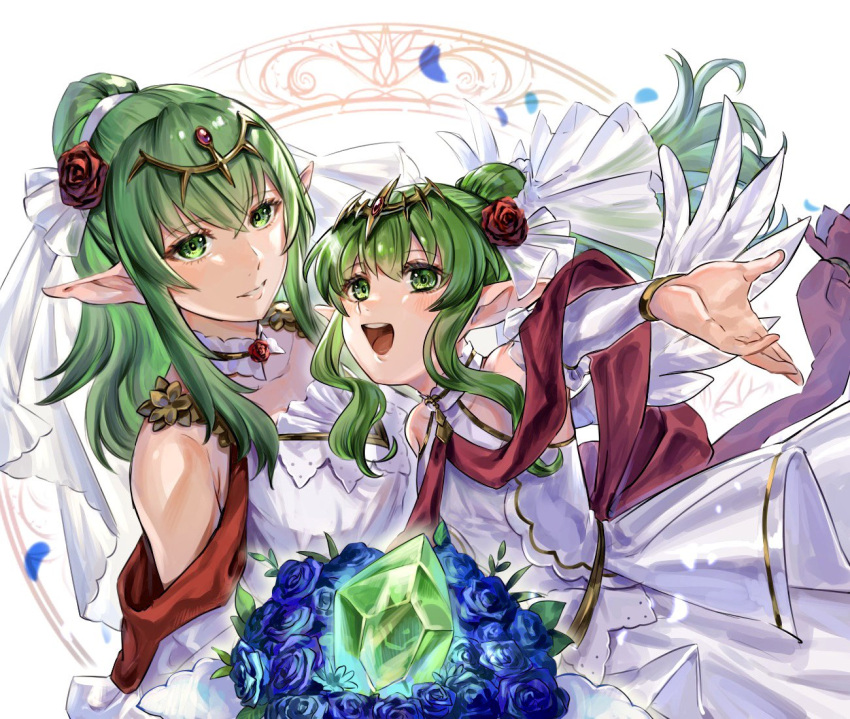 2girls abinosu0903 bare_shoulders blue_flower blue_rose bouquet bridal_veil commentary_request detached_collar detached_sleeves dress dual_persona fire_emblem fire_emblem:_mystery_of_the_emblem fire_emblem_awakening fire_emblem_heroes floating_hair flower green_eyes green_hair grin hair_between_eyes holding holding_bouquet long_hair looking_at_viewer multiple_girls official_alternate_costume petals pointy_ears ponytail rose sidelocks smile tiki_(adult)_(bridal)_(fire_emblem) tiki_(adult)_(fire_emblem) tiki_(fire_emblem) tiki_(young)_(bridal)_(fire_emblem) tiki_(young)_(fire_emblem) time_paradox veil wedding_dress white_dress