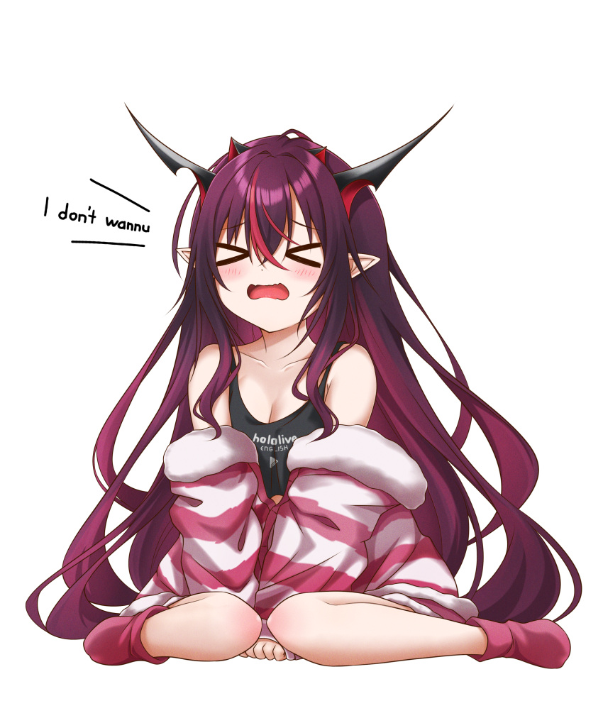&gt;_&lt; 1girl absurdres alternate_costume black_tank_top blush crop_top english_text fur-trimmed_jacket fur_trim highres hololive hololive_english horns irys_(hololive) jacket jan_azure long_hair loungewear multiple_horns open_mouth pink_jacket pointy_ears redhead simple_background sitting solo striped striped_jacket tank_top transparent_background v-shaped_eyebrows very_long_hair virtual_youtuber wariza wavy_mouth