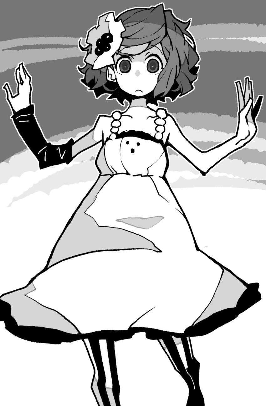 1girl arm_warmers beads closed_mouth collarbone commentary don't_say_"lazy" dowman_sayman dress expressionless feet_out_of_frame flower greyscale hair_flower hair_ornament hands_up highres hirasawa_yui k-on! light_frown looking_at_viewer monochrome official_alternate_costume outline pantyhose raised_eyebrows short_dress short_hair single_arm_warmer sleeveless sleeveless_dress solo spaghetti_strap standing standing_on_one_leg striped striped_pantyhose swept_bangs vertical-striped_pantyhose vertical_stripes w_arms wide-eyed