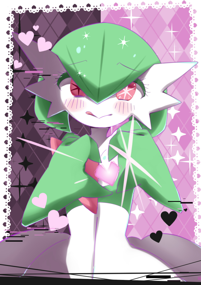 +_+ 1girl :&gt; absurdres argyle argyle_background bob_cut border closed_mouth colored_skin commentary flat_chest gardevoir glitch green_hair green_skin hair_between_eyes hands_up heart heart_hands highres licking_lips looking_at_viewer m3_(gardevoir_m3) multicolored_skin oshi_no_ko outside_border pink_background pokemon pokemon_(creature) purple_background raised_eyebrows red_eyes short_hair solo sparkle standing straight-on tongue tongue_out two-tone_background two-tone_skin upper_body white_border white_skin
