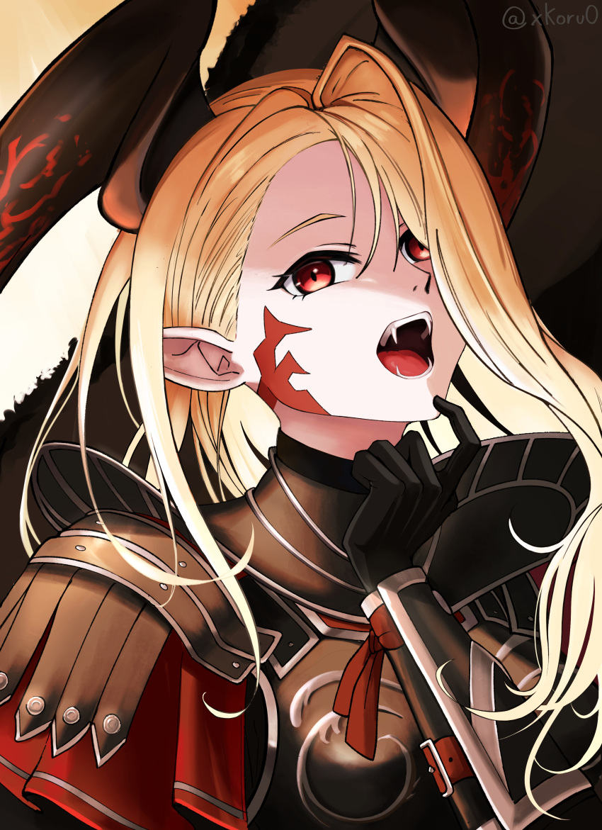 1girl absurdres armor black_armor black_horns blonde_hair collar core_(rofyx69) facial_tattoo fangs fate/grand_order fate_(series) hair_over_one_eye highres horns long_hair looking_at_viewer nero_claudius_(fate) open_mouth pointy_ears queen_draco_(fate) red_eyes solo tattoo tongue