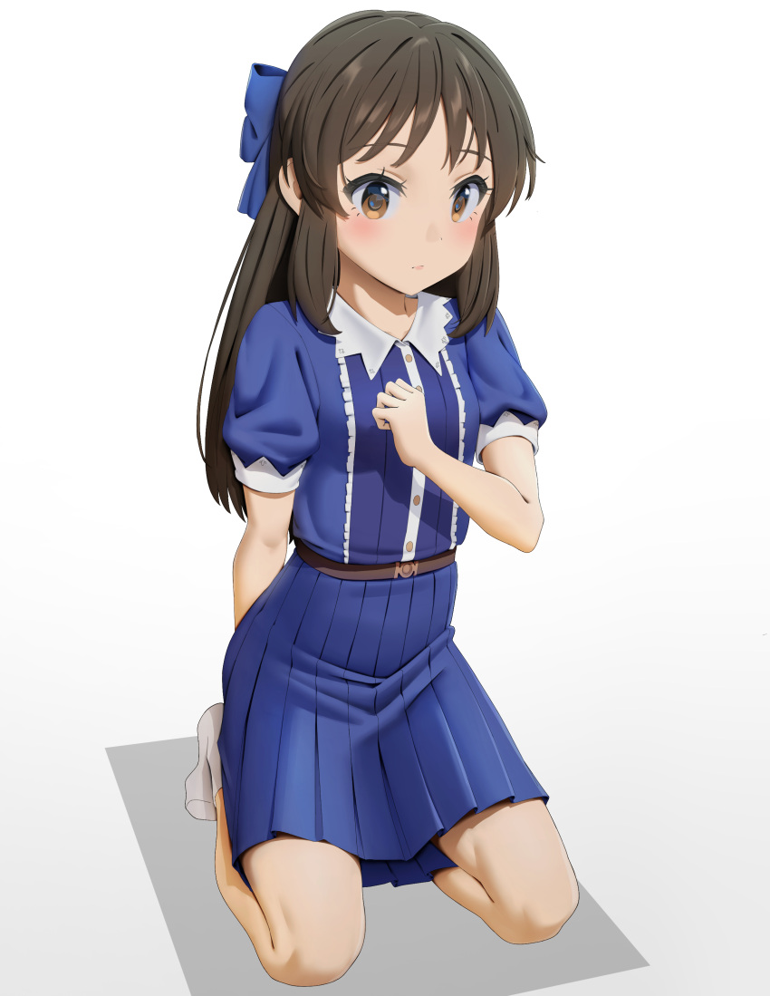 1girl absurdres arms_behind_back belt blue_bow blue_dress blush bow breasts brown_belt brown_eyes brown_hair buttons closed_mouth collar commentary dress eyelashes female_child full_body g9in32 hair_bow hand_on_own_chest hand_up highres idolmaster idolmaster_cinderella_girls idolmaster_cinderella_girls_u149 kneeling legs long_hair looking_at_viewer no_shoes pleated_dress puffy_short_sleeves puffy_sleeves short_sleeves sidelocks small_breasts socks solo tachibana_arisu thighs white_background white_collar white_socks