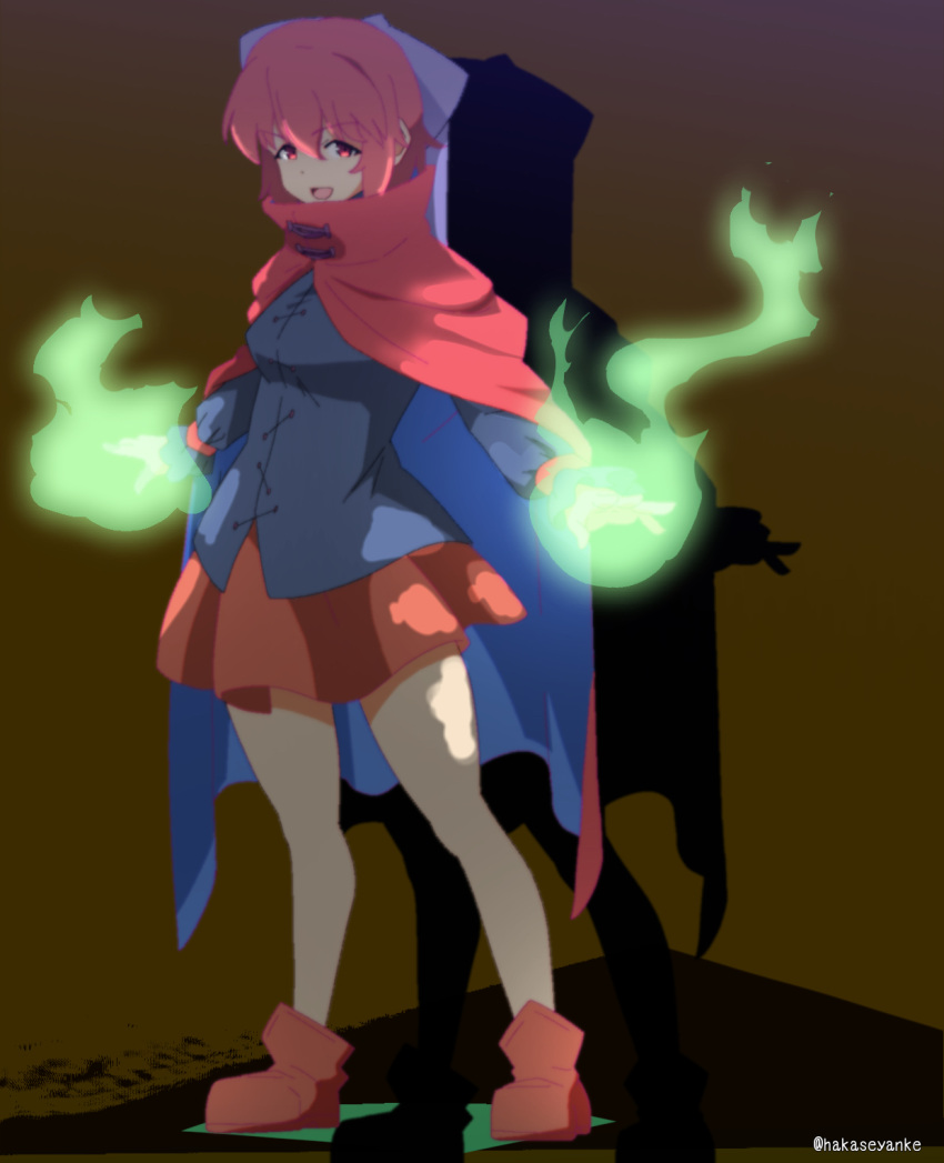 1girl :d black_shirt bow brown_background cloak commentary_request fire full_body green_fire hair_bow highres kaisendonburi long_sleeves looking_at_viewer open_mouth purple_bow pyrokinesis red_eyes red_footwear red_skirt redhead sekibanki shadow shirt short_hair simple_background skirt smile solo standing touhou twitter_username