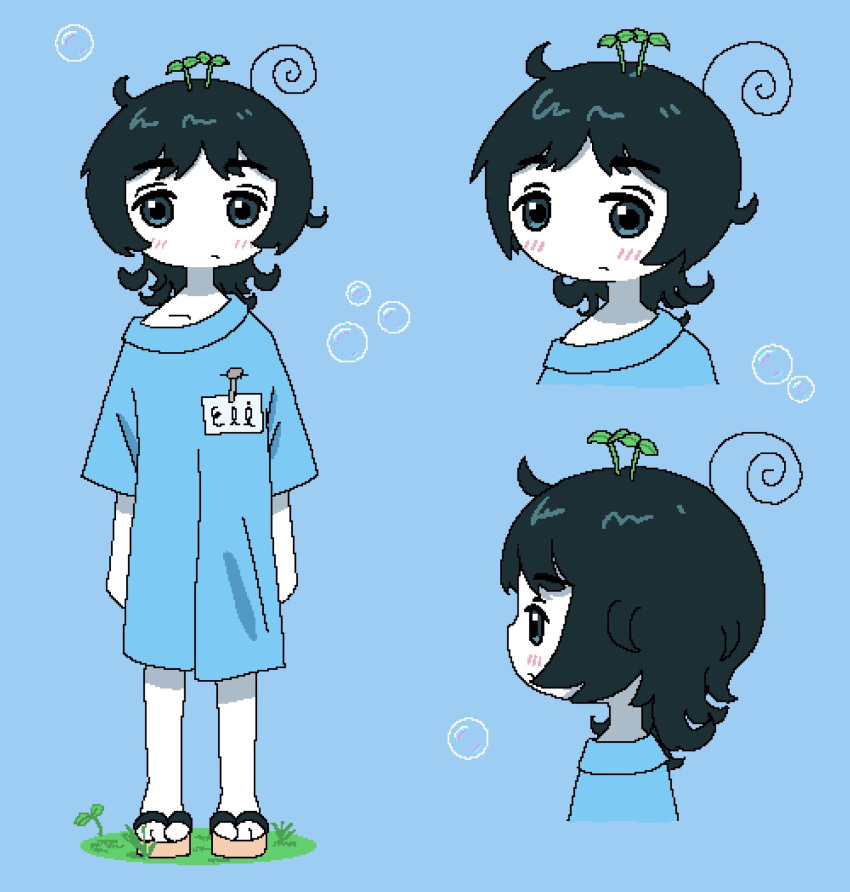 1girl ahoge badge black_hair blue_background blue_eyes blue_shirt blush bubble character_name closed_mouth colored_skin eli_(chibitoad) expressionless from_side full_body grass highres leaf leaf_on_head looking_at_viewer medium_hair multiple_views on_grass original oversized_clothes plant_on_head portrait reference_sheet sandals shirt simple_background soap_bubbles solo standing straight-on white_skin