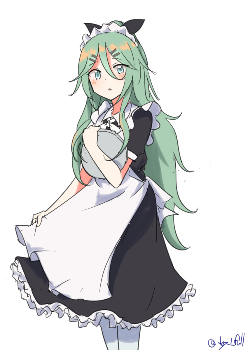 1girl absurdres alternate_costume apron black_dress black_ribbon dress enmaided feet_out_of_frame green_eyes green_hair hair_between_eyes hair_ornament hairclip highres kantai_collection long_hair looking_at_viewer maid maid_headdress one-hour_drawing_challenge parted_bangs ribbon robinson_(day_l_full) sidelocks simple_background solo tray white_apron white_background yamakaze_(kancolle)