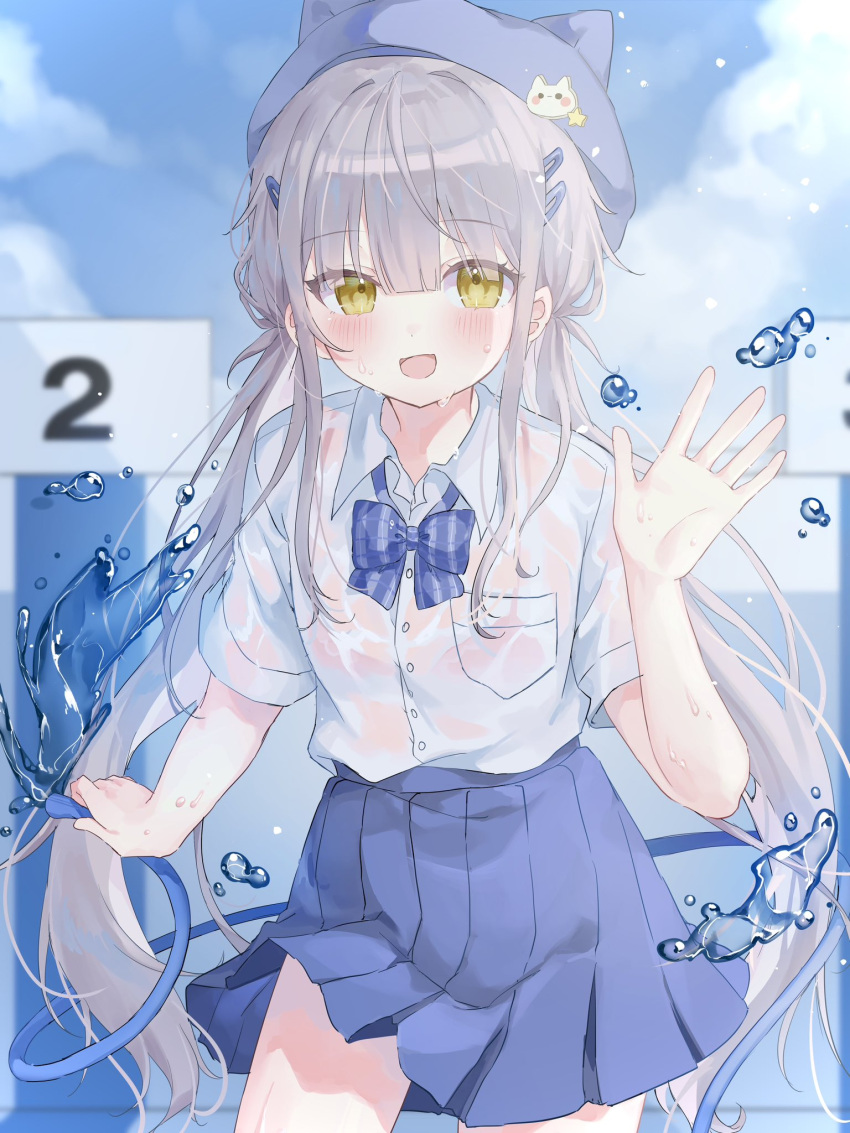 1girl blue_bow blue_bowtie blue_skirt blue_sky blunt_bangs blush bow bowtie buttons clouds cloudy_sky collared_shirt commentary_request cowboy_shot day dress_shirt hair_ornament hairpin hand_up hat head_tilt highres hose long_hair looking_at_viewer loose_bowtie low_twintails open_mouth original parted_bangs pleated_skirt pool riri_(ri0177) school_uniform shirt shirt_tucked_in short_sleeves sidelocks skirt sky smile solo standing sweat twintails water waving wet wet_clothes wet_shirt white_shirt yellow_eyes