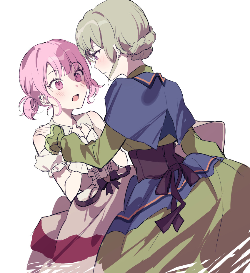 2girls absurdres assertive_female black_bow black_corset blue_dress blush bow braid closed_mouth coat_dress collared_dress colorful_festival_(project_sekai) commentary_request corset dress frilled_dress frills green_dress green_hair hand_on_another's_shoulder highres himitsu_no_valentine_daisakusen!_(project_sekai) korean_commentary kusanagi_nene long_sleeves multicolored_clothes multicolored_dress multiple_girls off-shoulder_dress off_shoulder ootori_emu open_mouth pink_eyes pink_hair pj_potato project_sekai short_hair short_twintails simple_background single_braid skirt twintails white_dress yuri