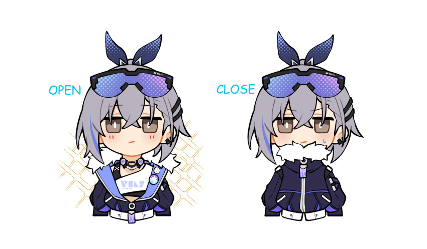 1girl blue_bow blush bow brown_eyes chibi closed_mouth fur-trimmed_jacket fur_trim goggles goggles_on_head grey_hair hair_bow high_ponytail highres honkai:_star_rail honkai_(series) jacket long_sleeves looking_at_viewer multiple_views natsuki_(2917) open_clothes open_jacket shirt silver_wolf_(honkai:_star_rail) simple_background sparkle sweat upper_body white_background white_shirt