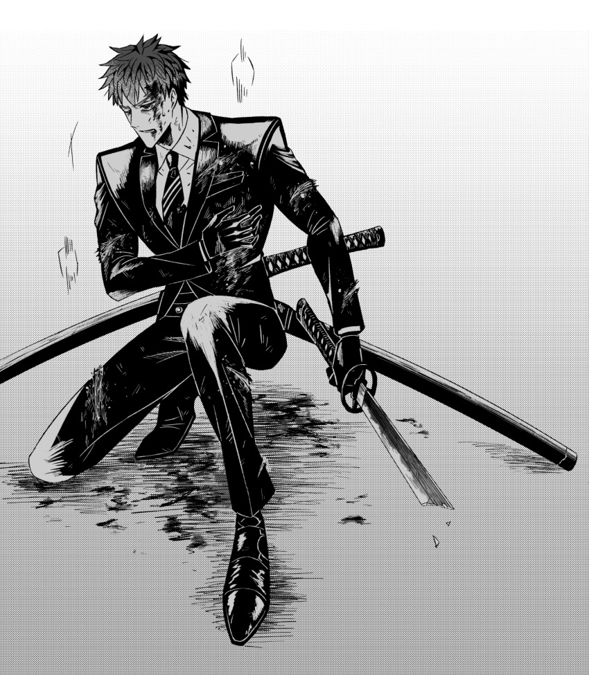 1boy black_gloves black_necktie black_pants black_suit blood blood_on_face broken broken_sword broken_weapon cuts fate/grand_order fate_(series) formal full_body gloves grey_hair hand_on_own_chest highres injury kaoru20102011 katana long_sleeves male_focus monochrome necktie on_one_knee pants saitou_hajime_(fate) sheath sheathed shirt short_hair solo suit sword torn_clothes weapon white_shirt