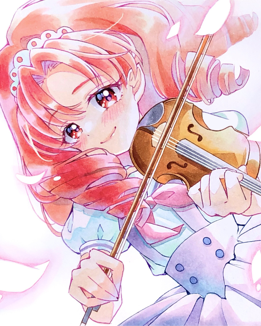 1girl absurdres akagi_towa blush buttons dress drill_hair dutch_angle go!_princess_precure highres holding holding_bow_(music) holding_instrument instrument lilylily0601 long_hair looking_at_viewer music parted_bangs playing_instrument precure puffy_short_sleeves puffy_sleeves red_eyes redhead short_sleeves smile solo tiara violin white_background