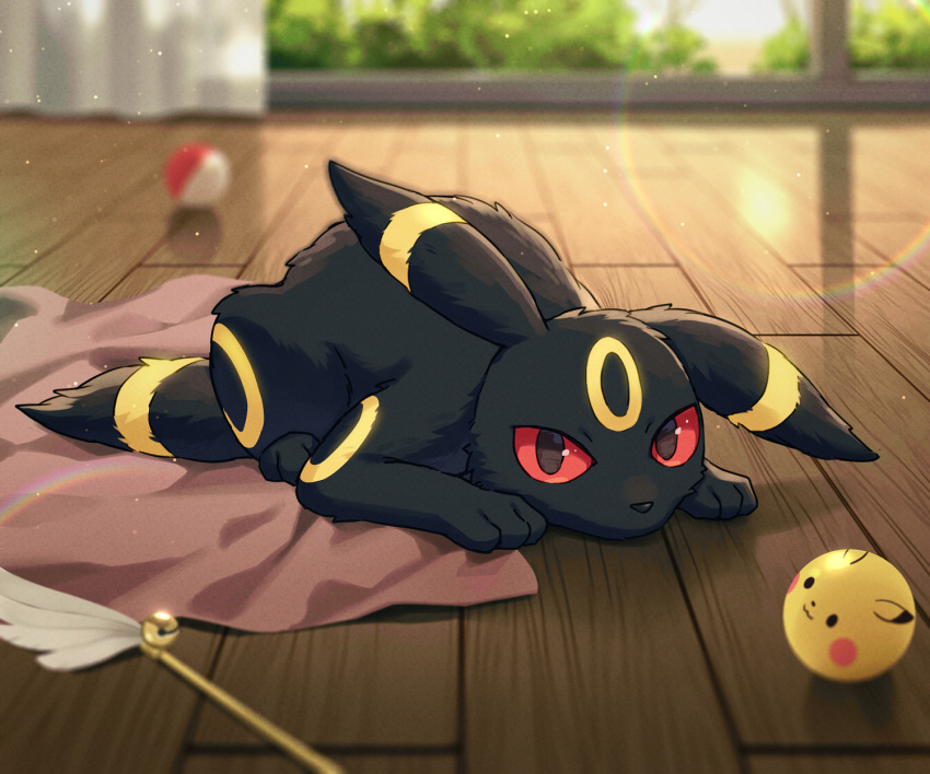 black_eyes blurry blurry_background blurry_foreground colored_sclera full_body highres indoors kaminokefusa lens_flare light_particles looking_at_viewer no_humans poke_ball pokemon pokemon_(creature) pokemon_(game) pokemon_gsc red_sclera umbreon wooden_floor