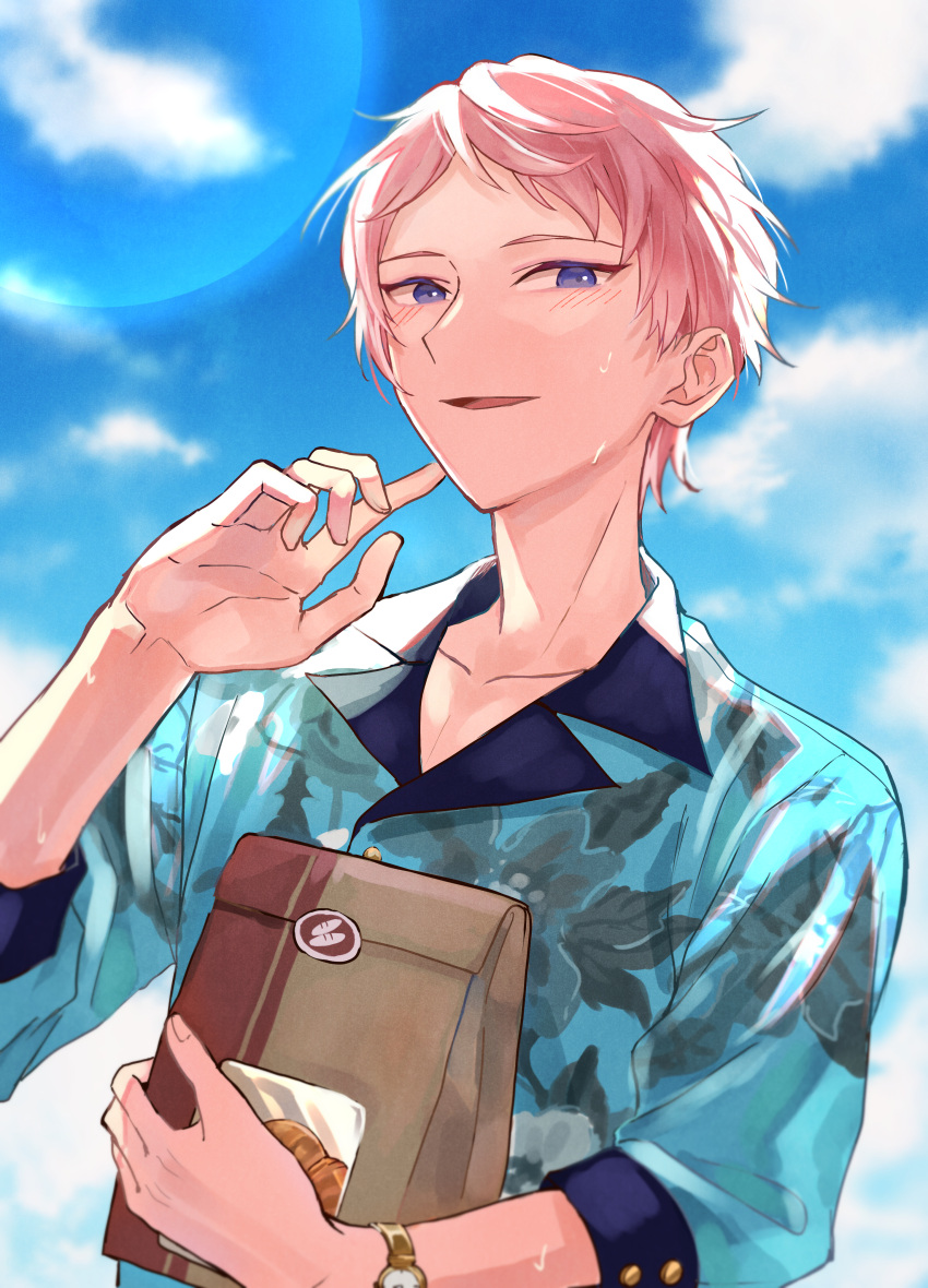 1boy absurdres buttons collared_shirt commentary_request ensemble_stars! floral_print highres holding itsuki_shu long_sleeves looking_at_viewer male_focus open_mouth pink_hair shirt short_hair sleeves_past_elbows solo sweat upper_body violet_eyes watch watch wednesday_108