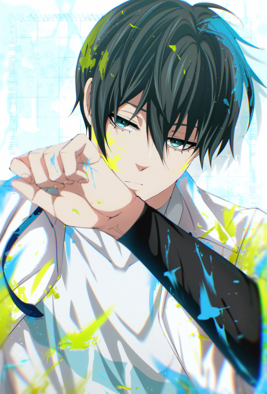 1boy absurdres aqua_eyes blue_lock closed_mouth collared_shirt commentary_request fingernails green_hair hair_between_eyes highres itoshi_rin layered_sleeves male_focus may_(illust_man_2020) shirt short_hair solo upper_body