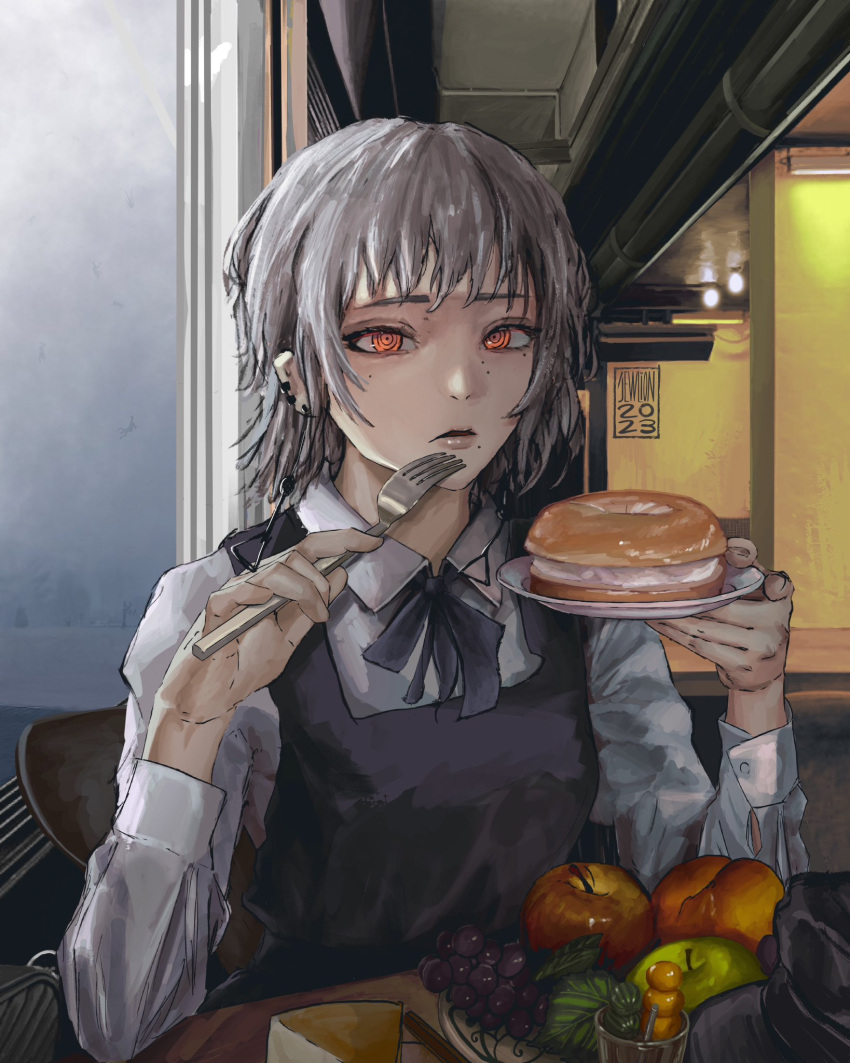 1girl apple bagel bagel_sandwich chainsaw_man dated dress earrings elbow_rest fami_(chainsaw_man) food fork fourth_east_high_school_uniform fruit grapes grey_hair highres holding holding_fork holding_plate jewelry looking_at_viewer mole mole_under_eye mole_under_mouth multiple_moles open_mouth orange_eyes pinafore_dress plate restaurant ringed_eyes sandwich school_uniform short_hair sleeveless sleeveless_dress solo taorotana tassel tassel_earrings