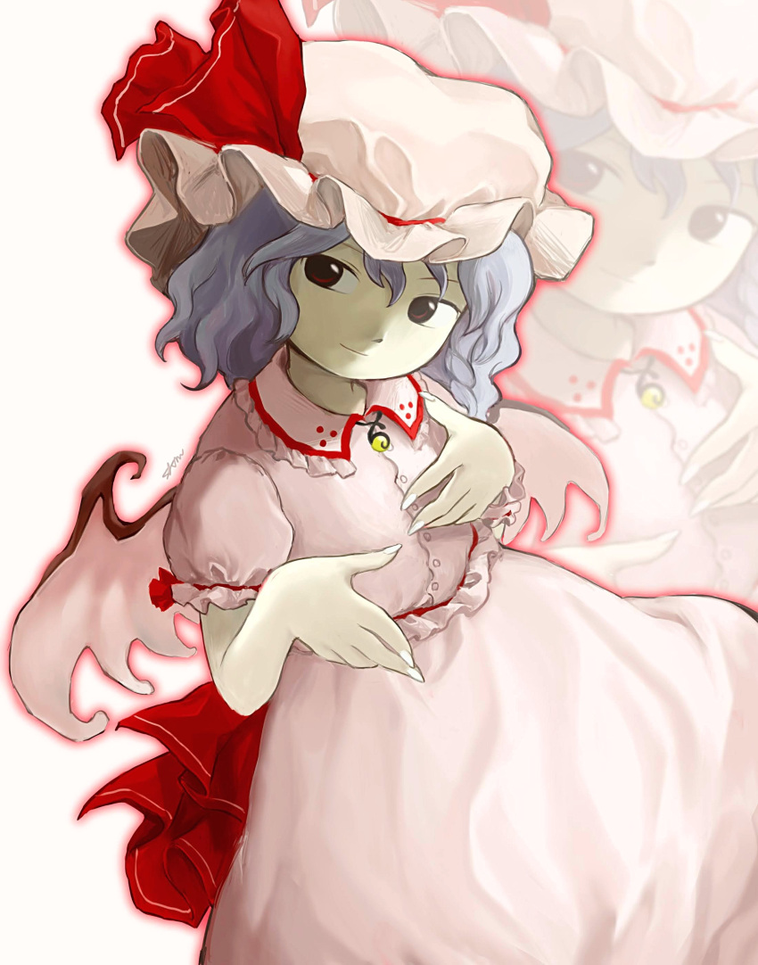 1girl absurdres bat_wings buttons closed_mouth dress fingernails grey_hair hat hat_ribbon hayakumo_(okura_oishiiii) highres mob_cap pink_dress pink_headwear red_eyes red_ribbon remilia_scarlet ribbon short_hair short_sleeves simple_background solo touhou white_background wings zoom_layer