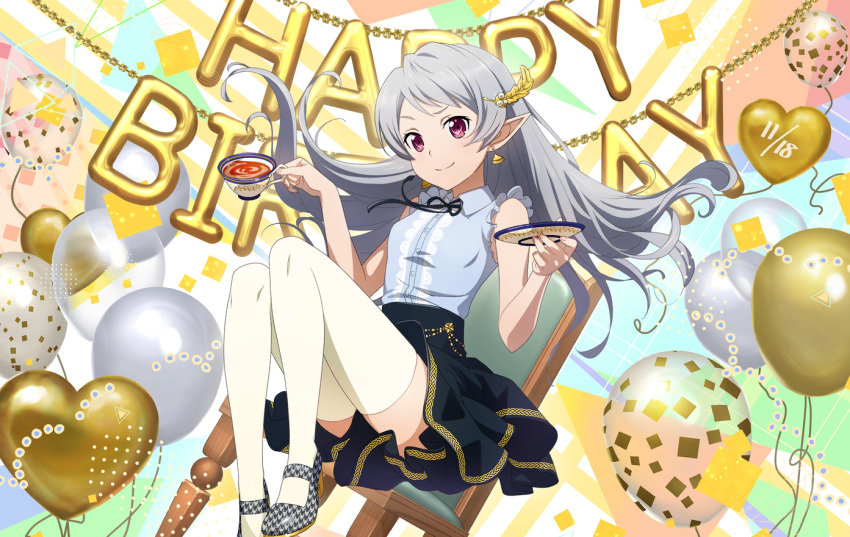 1girl balloon bare_arms black_skirt closed_mouth collared_shirt cup dress_shirt earrings floating_hair game_cg grey_hair grey_shirt hair_ornament happy_birthday heart_balloon holding jewelry long_hair miniskirt pointy_ears red_eyes seven_(sao) shirt skirt sleeveless sleeveless_shirt smile solo sword_art_online teacup thigh-highs very_long_hair white_thighhighs wing_collar zettai_ryouiki