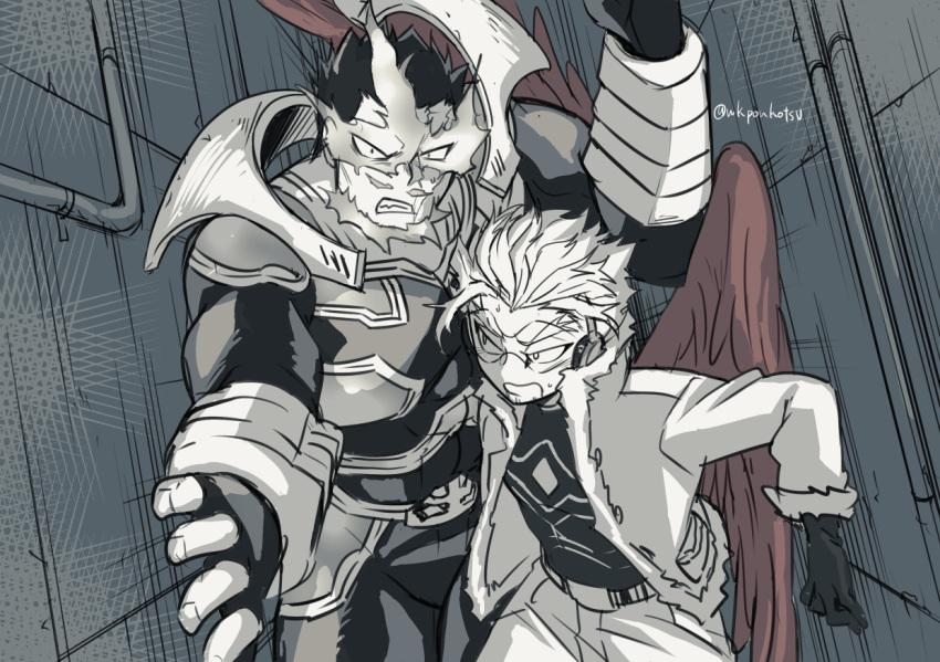 2boys alley armor beard beard_stubble boku_no_hero_academia clenched_teeth endeavor_(boku_no_hero_academia) facial_hair feathered_wings feathers feet_out_of_frame fingerless_gloves gloves hawks_(boku_no_hero_academia) large_pectorals male_focus mature_male multiple_boys muscular muscular_male pauldrons pectorals red_feathers scar scar_across_eye short_hair shoulder_armor spiky_hair spot_color teeth walking wings wkponkotsu