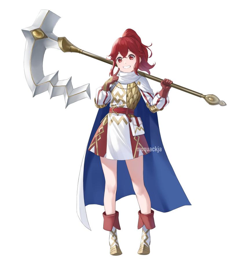 1girl absurdres alternate_costume anna_(fire_emblem) armor artist_name axe cape commission crossed_bangs dress fire_emblem fire_emblem_engage fire_emblem_heroes full_body gloves highres holding holding_axe index_finger_raised long_hair looking_at_viewer moja_(rainpoow) ponytail red_eyes red_gloves redhead scale_armor smile solo teeth white_background