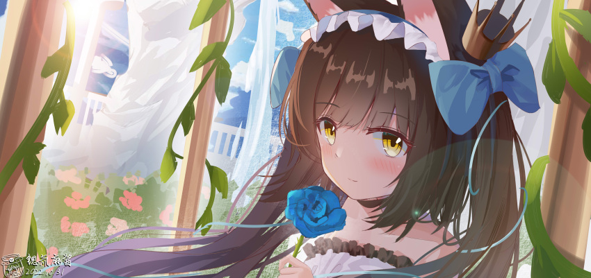 1girl absurdres animal_ear_fluff animal_ears artist_name azur_lane bare_shoulders blue_bow blue_flower blue_hairband blue_ribbon blue_rose blunt_bangs blush bow brown_hair chinese_commentary closed_mouth commentary_request crown date_shichuan_majiang dated dated_commentary dress flower fox_ears fox_girl frilled_dress frilled_hairband frills hair_bow hairband highres holding holding_flower long_hair mini_crown nagato_(azur_lane) nagato_(guardian_fox's_procession)_(azur_lane) official_alternate_costume ribbon rose sleeveless sleeveless_dress smile solo twintails upper_body white_dress yellow_eyes
