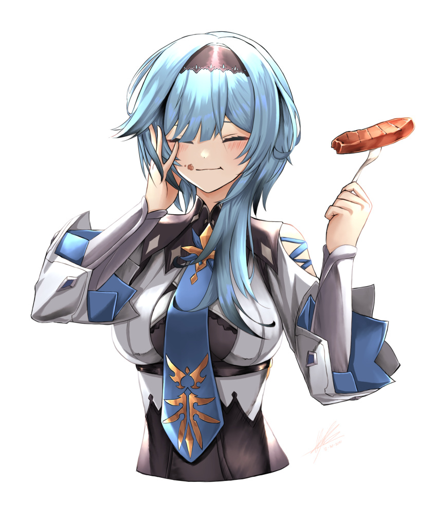 animatrix20 black_hairband blue_hair blue_necktie blush breasts chest_harness closed_mouth clothing_cutout cropped_torso eula_(genshin_impact) food food_on_face genshin_impact hairband hand_on_own_face harness highres holding holding_food large_breasts long_sleeves medium_hair necktie puffy_long_sleeves puffy_sleeves shoulder_cutout signature simple_background smile steak timestamp white_background white_sleeves