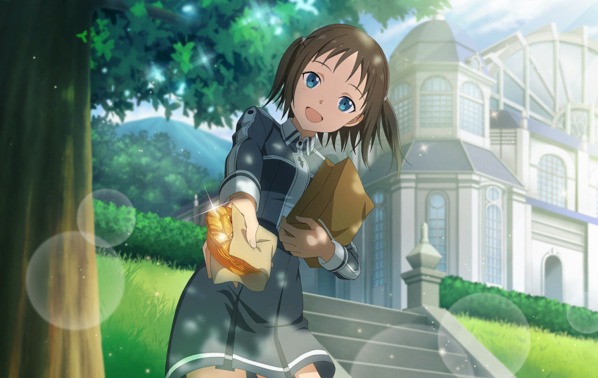 1girl :d bag blue_eyes blurry blurry_background brown_hair day dress food from_below game_cg grey_dress holding holding_bag holding_food lens_flare long_sleeves looking_at_viewer medium_hair open_mouth outdoors paper_bag pleated_dress ronye_arabel school_uniform short_dress smile solo sparkle sword_art_online sword_art_online:_alicization sword_mastery_academy_school_uniform tree two_side_up wing_collar