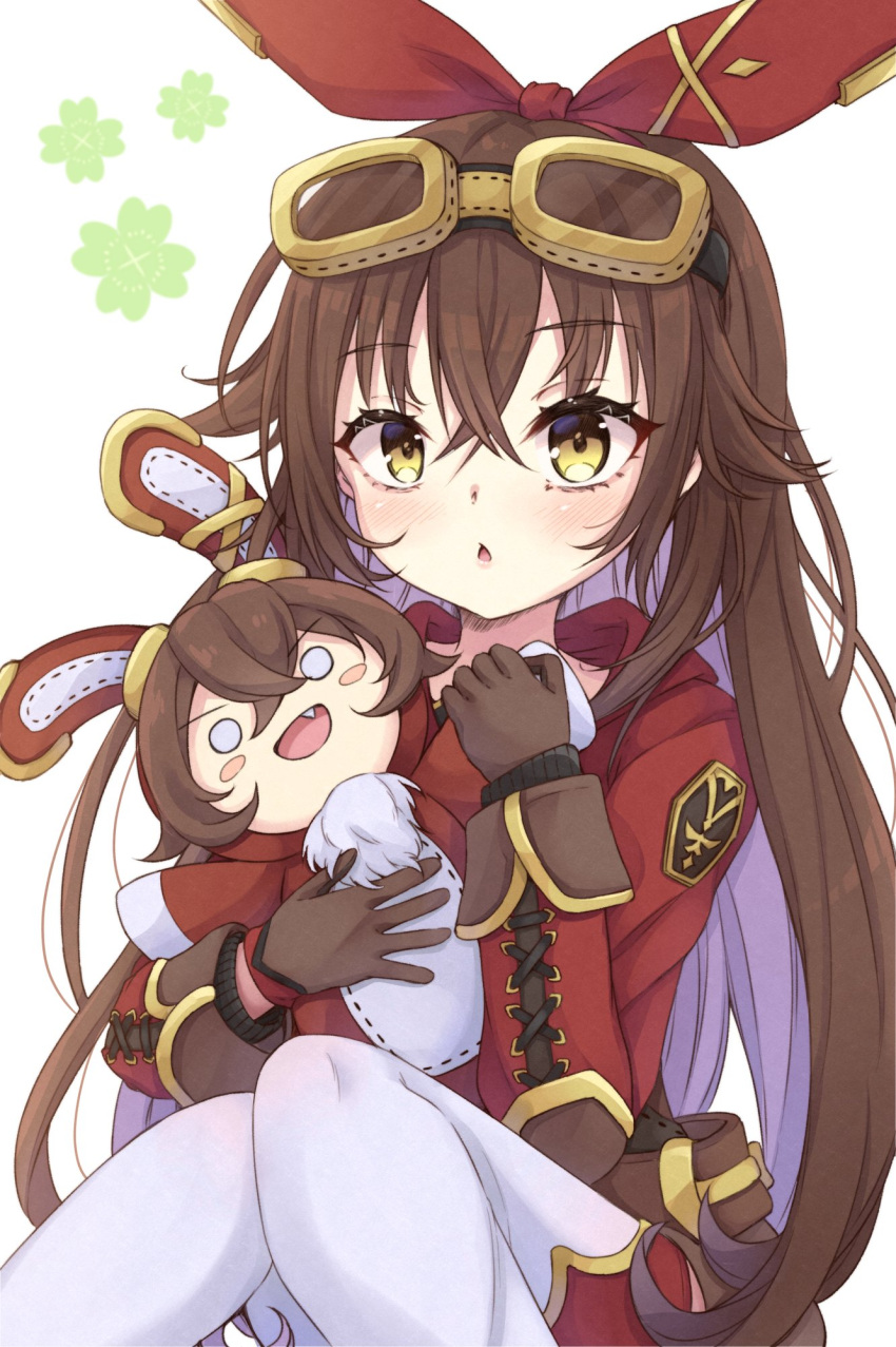 1girl aged_down amber_(genshin_impact) baron_bunny_(genshin_impact) brown_gloves brown_hair chestnut_mouth commentary_request crossed_bangs genshin_impact gloves goggles gold_trim hairband hand_up highres holding holding_stuffed_toy jacket knees_up long_hair neko_mata parted_lips red_hairband red_jacket red_ribbon ribbon simple_background sitting solo stuffed_toy thigh-highs two-tone_gloves upper_body white_background white_thighhighs yellow_eyes