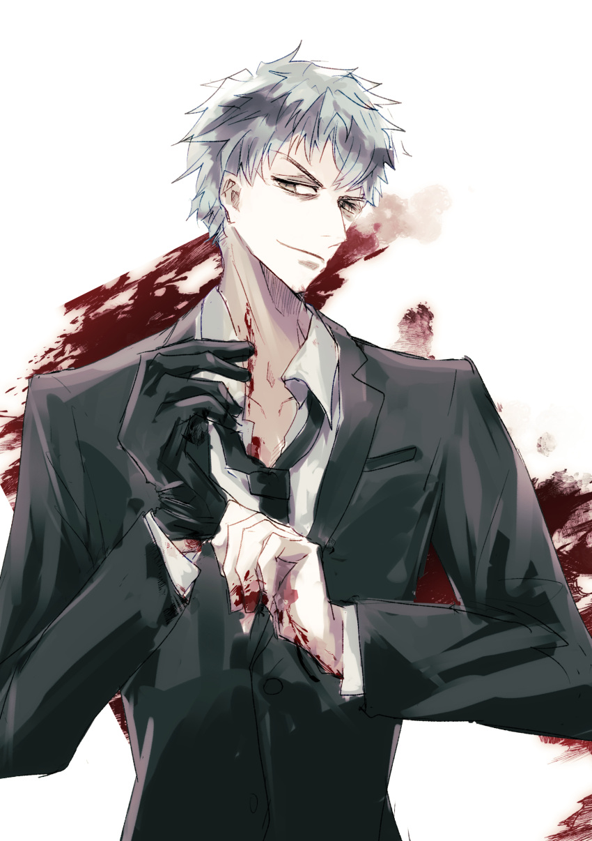 1boy absurdres black_gloves black_necktie black_suit blood blood_on_hands brown_eyes collarbone fate/grand_order fate_(series) formal gloves grey_hair highres long_sleeves looking_at_viewer male_focus necktie saitou_hajime_(fate) shirt short_hair smile solo suit umikame upper_body white_shirt