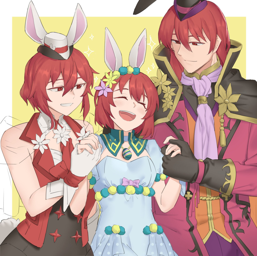 1boy 2girls :d animal_ears bare_shoulders black_gloves brother_and_sister cloak dress ebinku fake_animal_ears fire_emblem fire_emblem:_mystery_of_the_emblem fire_emblem_heroes gloves grin hat highres leotard long_sleeves looking_at_another maria_(fire_emblem) maria_(spring)_(fire_emblem) medium_hair michalis_(fire_emblem) michalis_(spring)_(fire_emblem) minerva_(fire_emblem) minerva_(spring)_(fire_emblem) mini_hat multiple_girls neckerchief official_alternate_costume open_mouth puffy_short_sleeves puffy_sleeves rabbit_ears red_eyes redhead short_hair short_sleeves siblings sisters smile upper_body white_gloves yellow_background