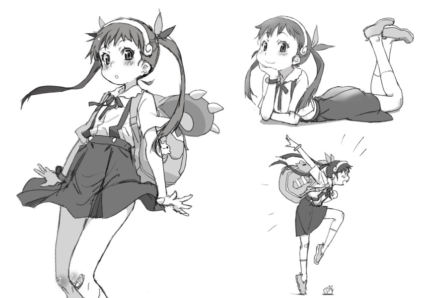 1girl :o arms_up backpack bag bakemonogatari bandaid bandaid_on_knee bandaid_on_leg commentary_request cowboy_shot feet_up from_side greyscale hachikuji_mayoi hair_ribbon hairband head_rest highres itoma_mahimahi looking_at_viewer lying monochrome monogatari_(series) multiple_views on_stomach profile ribbon simple_background skirt smile snail spread_fingers standing standing_on_one_leg suspender_skirt suspenders twintails white_background