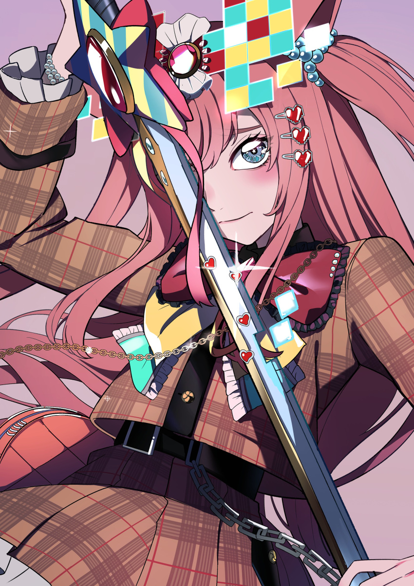 1girl absurdres agnes_digital_(umamusume) animal_ears bag bead_bracelet beads belt black_shirt blue_eyes blush bow bowtie bracelet brown_jacket chain closed_mouth cropped_jacket fuyukayui glint gold_chain hair_bow hair_ornament hairclip handbag highres holding holding_sword holding_weapon horse_ears jacket jewelry long_hair long_sleeves looking_at_viewer one_eye_covered pink_hair shirt simple_background solo sword two_side_up umamusume weapon