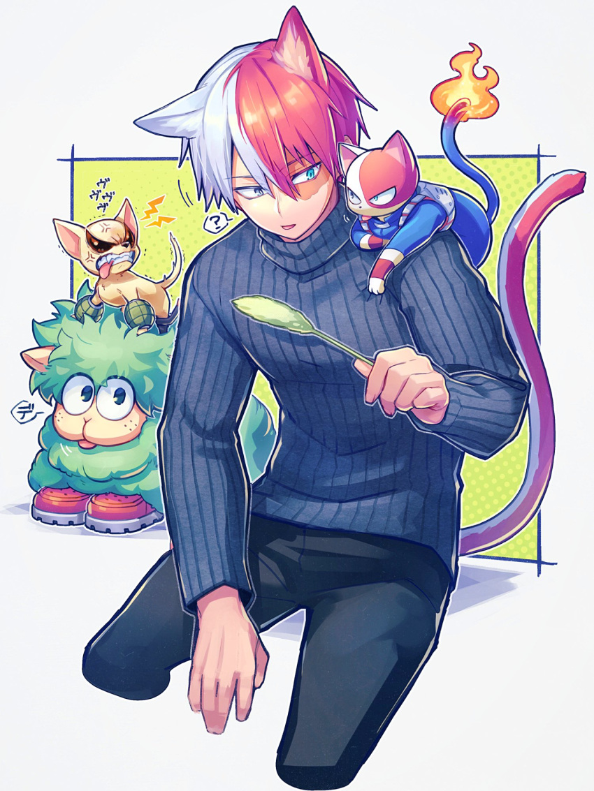 1boy :p ? anger_vein angry animal_ear_fluff animal_ears animal_on_head animal_on_shoulder animalization bakugou_katsuki black_pants blue_eyes blue_sweater boku_no_hero_academia cat cat_boy cat_ears cat_on_shoulder cat_tail cat_teaser chihuahua clenched_teeth closed_mouth commentary_request cropped_legs dog fire flame flame-tipped_tail green_background grey_eyes hair_between_eyes hand_up heterochromia highres holding looking_at_another male_focus mecyo_(mamezurushiki) midoriya_izuku multicolored_hair on_head pants redhead ribbed_sweater scar scar_on_face sheep short_hair simple_background speech_bubble spoken_question_mark sweater tail teeth todoroki_shouto tongue tongue_out turtleneck turtleneck_sweater two-tone_hair v-shaped_eyebrows white_background white_hair